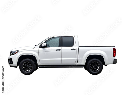 Side view of a white pickup truck on a black background, highlighting its features