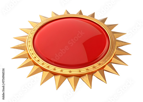 A radiant golden sunburst medal with a glossy red gemstone center isolated on transparent background