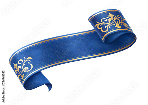 Ornate blue ribbon scroll with gold embellishments and intricate patterns isolated on transparent background