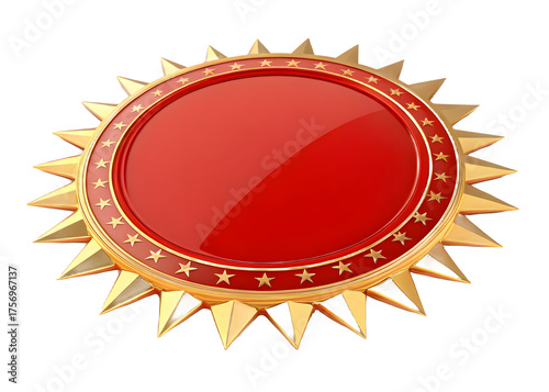 A gleaming golden starburst award medal with a vibrant red glossy center and decorative stars isolated on transparent background
