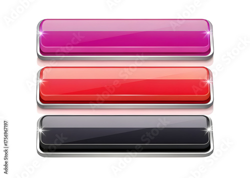 Three stacked rectangular cosmetic lip glosses in shades of pink purple red and grey with shiny metallic casings isolated on transparent background