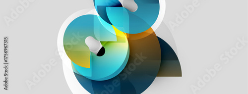 Abstract shapes overlap, creating dynamic composition. Blues, oranges, whites dominate design. Modern, sleek aesthetic present.