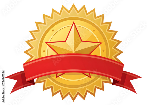 Golden star award emblem with red ribbon banner for recognition and achievement isolated on transparent background