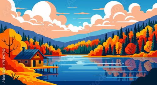 Serene autumn lakeside cabin nestled in a vibrant forest, a peaceful fall landscape vector illustration with colorful trees