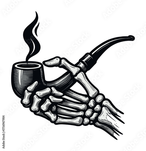 Vector Skeleton hand holding smoking pipe artwork with intricate details
