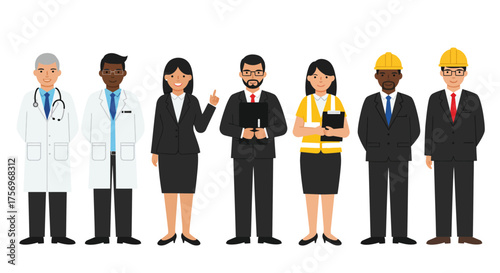 Diverse group of professionals in various occupations standing together.