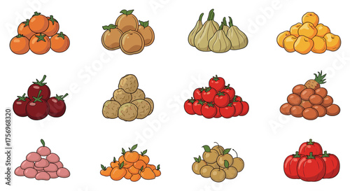A collection of twelve piles of various fresh produce including fruits and vegetables.