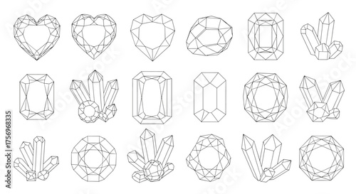 A collection of various gemstone cuts and shapes depicted in a line art style.