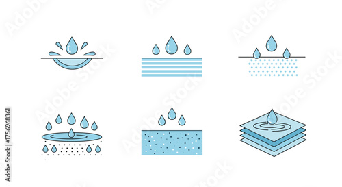 Illustrations showcasing various water absorption and filtration concepts for materials science and engineering.