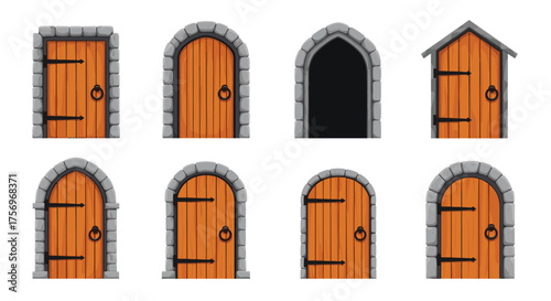 Collection of eight different medieval fantasy wooden doors with stone archways.