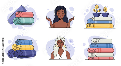 Diverse people and stacked towels in a wellness spa setting.
