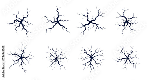 Eight diverse top-down views of intricate cracks spreading outwards from a central point.