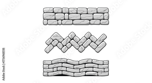 Three different styles of textured stone walls in a cartoon art style.