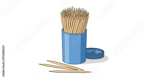 A blue container filled with wooden toothpicks rests on a white surface with several individual toothpicks scattered nearby.