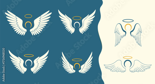 A collection of stylized angel wings with golden halos on a split background.