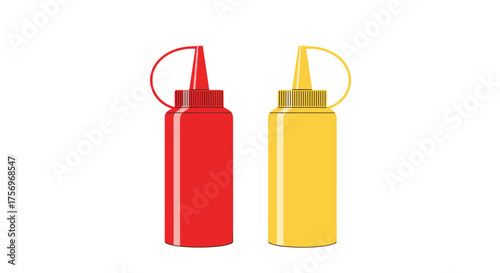 Two squeeze bottles one red for ketchup one yellow for mustard on a white background.