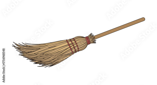 A rustic broom made of natural straw and a wooden handle is depicted against a white background.