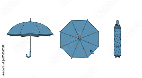 A detailed illustration showcasing three views of a blue umbrella open from the side from top and folded from the side.