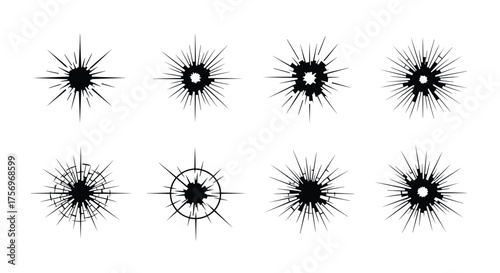 Eight abstract black ink splatters and splashes with starburst patterns resembling bullet holes.