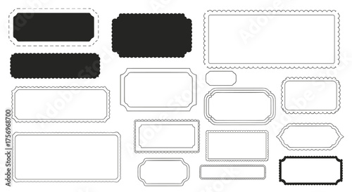 A collection of diverse rectangular and rounded frames and badges for design elements.