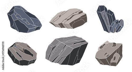 A collection of six diverse rocks and mineral specimens depicted in a pixel art style.