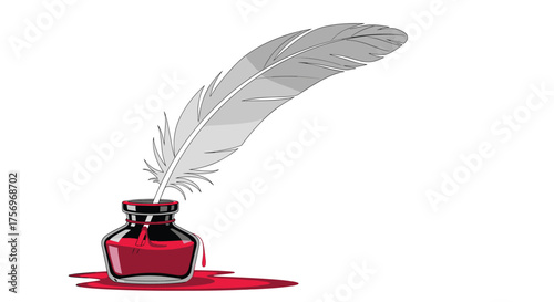 A classic quill pen rests in an inkwell filled with red ink, ready for writing stories and poems.