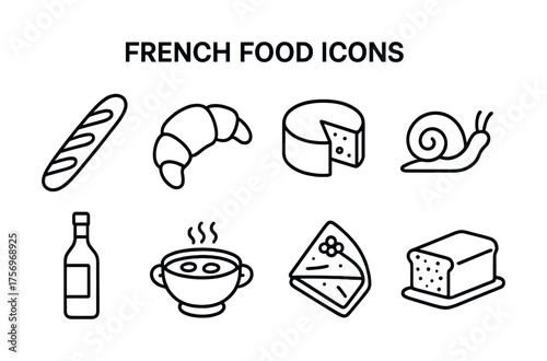 Vector French food icons: baguette, croissant, cheese, escargot, wine, soup, quiche, brioche