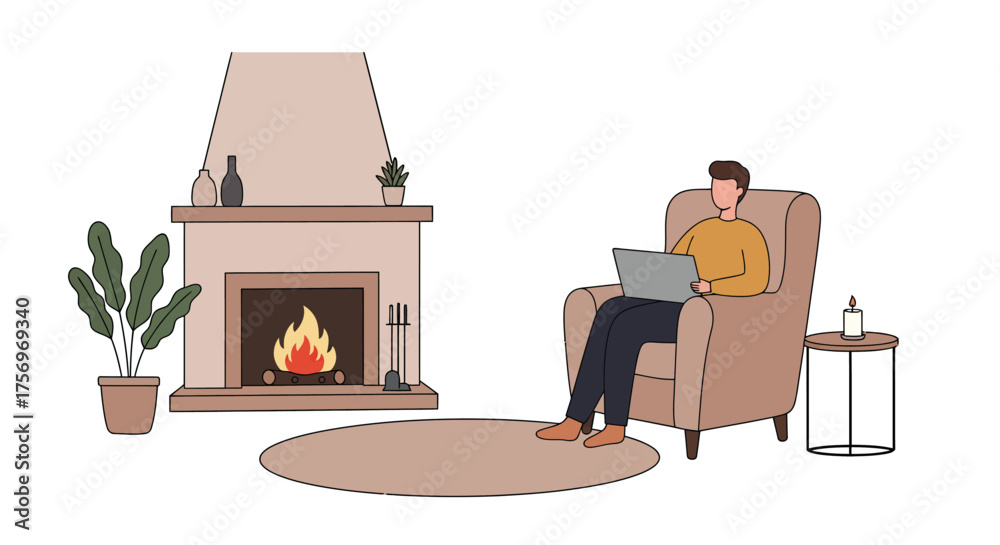 Fototapeta premium Man working on laptop in cozy armchair by fireplace.