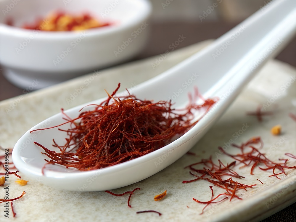 Fototapeta premium A close up of saffron threads on a white spoon resting on a textured plate with a bowl in the background