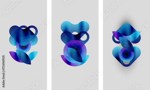 Abstract shapes, blue hues, gradient effects. Three panels display flowing forms, soft shadows, modern design. Minimalist aesthetic, light background.