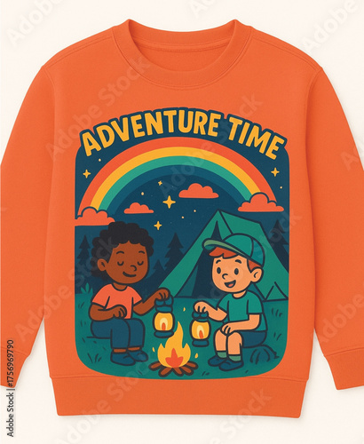 Adventure Time Kids Camping with Rainbow and Campfire Vector Illustration