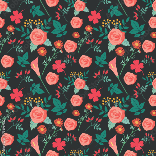 Seamless floral pattern vector design with rose, lily, cosmos flowers with pink lucky clover leaves. Pattern for fabric print, background, wallpaper, and wrap