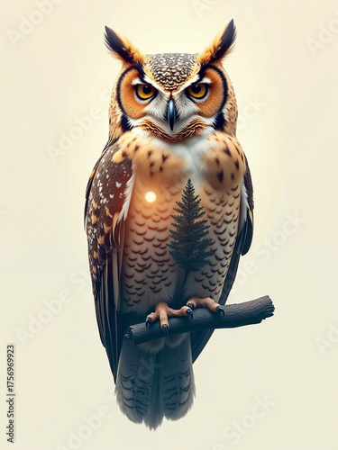 Creative double exposure effect of a majestic owl's portrait blended with a beautiful pine forest landscape at sunset. Isolated on a light background.