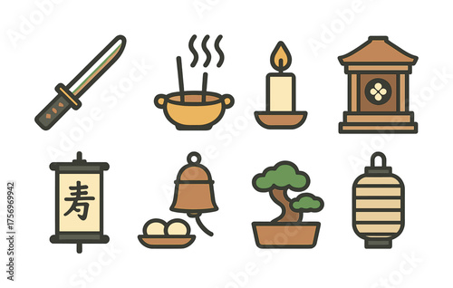 Vector Traditional japanese symbols collection featuring sword, incense, candle, shrine, scroll, bell, eggs, bonsai, lantern