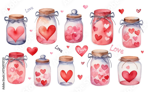 Watercolor Valentine's Day clipart with heart-shaped jars. Romantic hand-drawn elements isolated on white, perfect for card designs, printable stickers, invitations and digital scrapbooking.