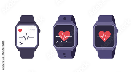 Smartwatches displaying heart rate and electrocardiogram data.