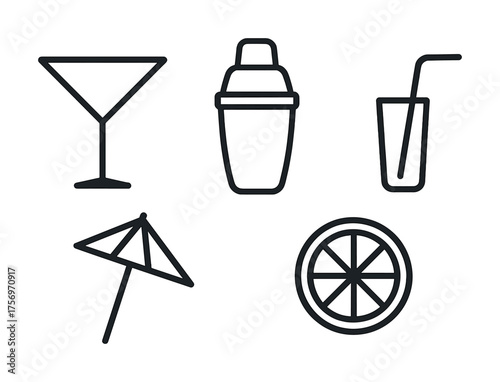 Vector Cocktail glass shaker citrus slice straw umbrella icons set