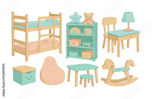 Vector Colorful children's furniture set with bunk bed, shelf, and rocking horse