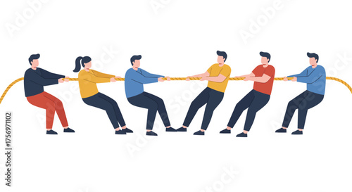 Team pulling rope in tug of war competition.