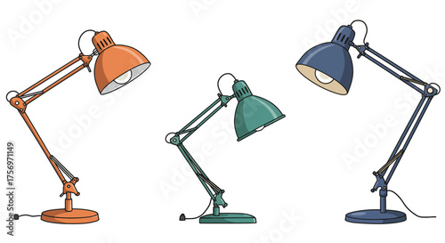Three colorful desk lamps in different sizes and colors.