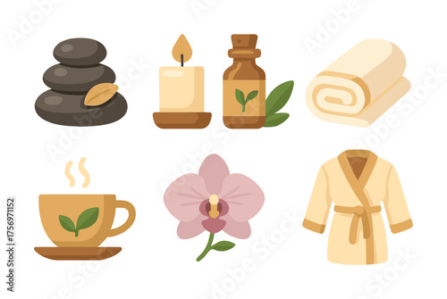 Vector Spa essentials with stones candle oil towel tea orchid bathrobe