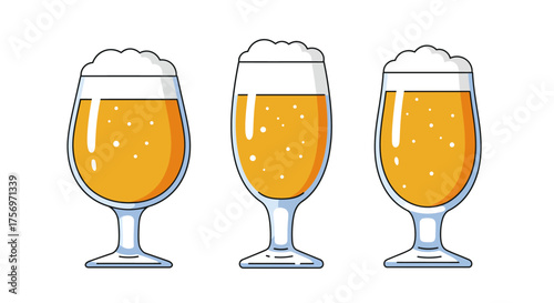 Three glasses of refreshing beer with foam and bubbles.