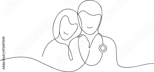 Doctor and patient embracing in continuous line art