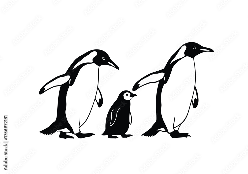 Obraz premium Three Emperor Penguins Walking Family Adult Chicks Side by Side Black White Vector