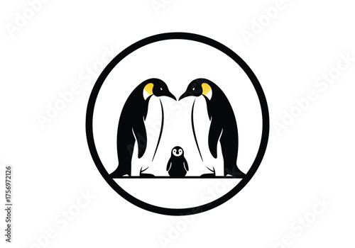 Circular Emblem Two Adult Penguins and Chick Family Portrait