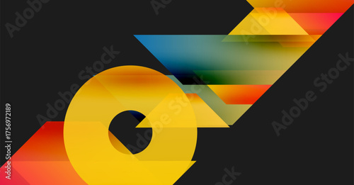 Abstract geometric shapes, vibrant colors, dynamic composition. Yellow circle intersects angled stripes, creating visual interest. Modern design.