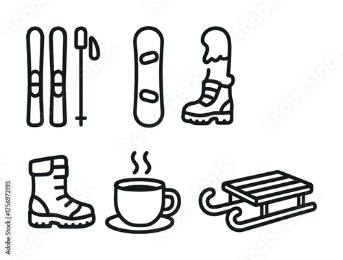 Vector Winter sports gear and activities icons: ski, snowboard, boots, sled, coffee