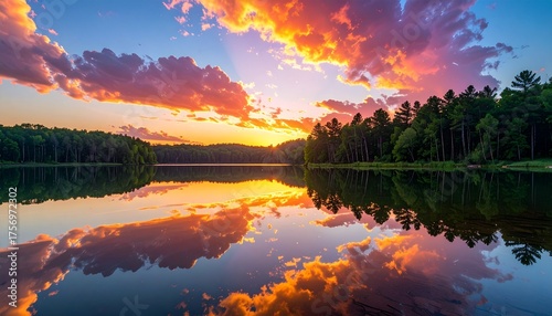 Vibrant sunset paints the sky with fiery clouds reflected perfectly on a tranquil lake surface embraced by a lush forest shoreline.