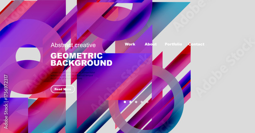 Vibrant abstract geometric design. Website header features bold colors, shapes, text, navigation options, button. Modern aesthetic.