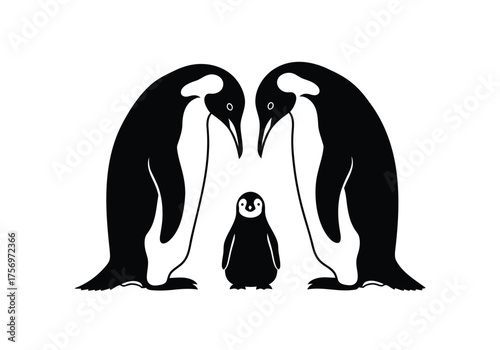 Penguin Family Portrait Two Adults and One Chick Monochrome Design